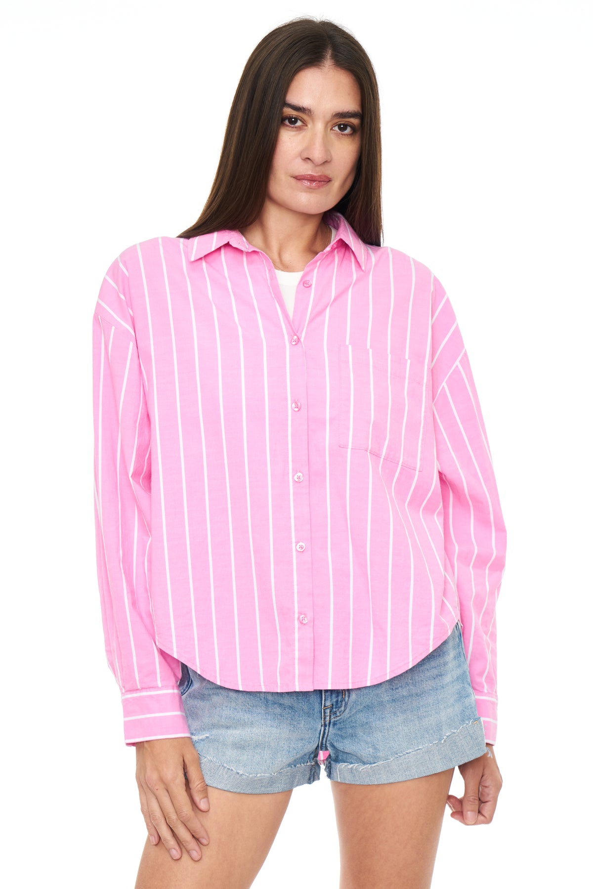 Sloane Oversized Button Down Shirt - Flamingo Stripe
            
              Sale